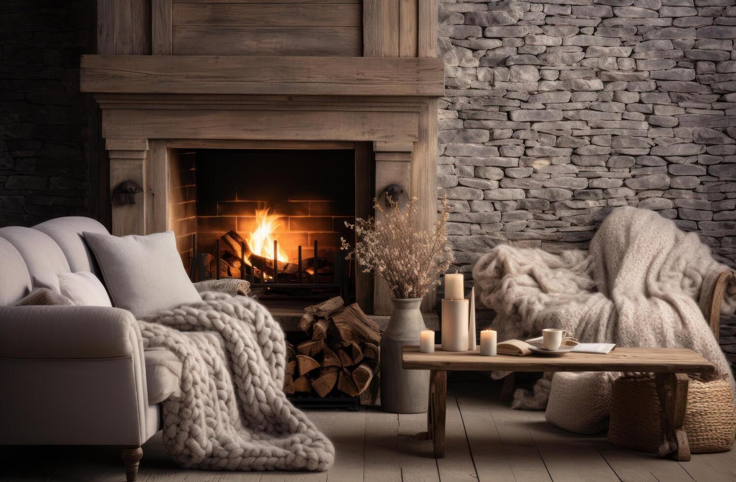 AI generated beautiful fireplace with a cozy couch and light candles on a table photo