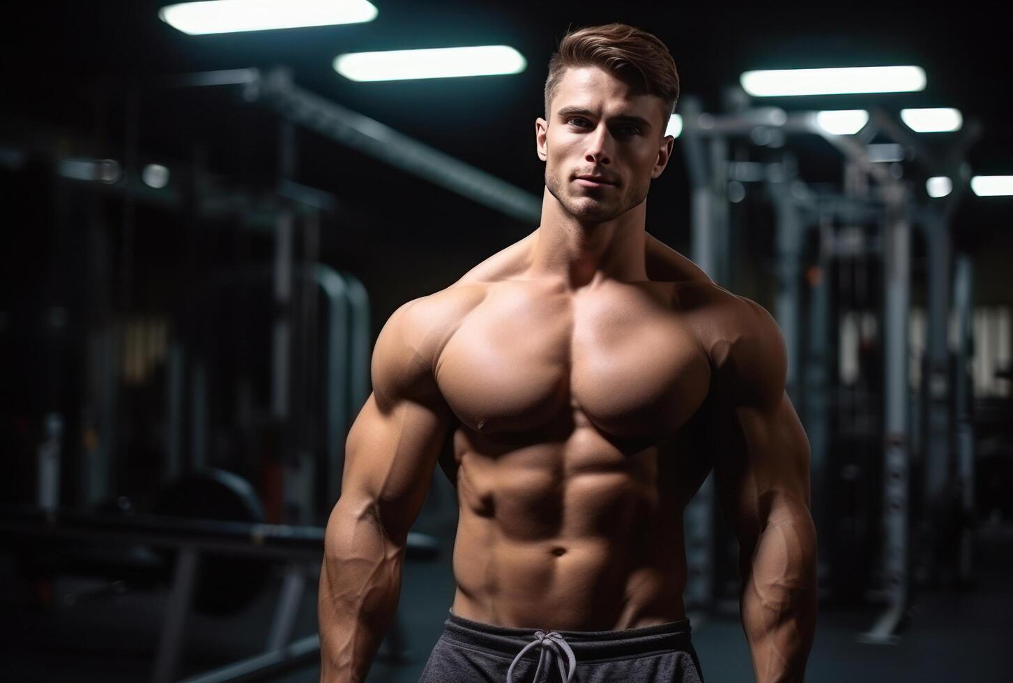 ai generado un ideal ajuste masculino, en pie con muscular torso en el gimnasio foto