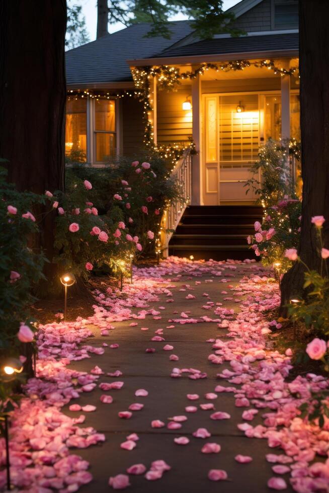 AI generated Rose-petal path, twinkling lights, and sentimental love notes photo