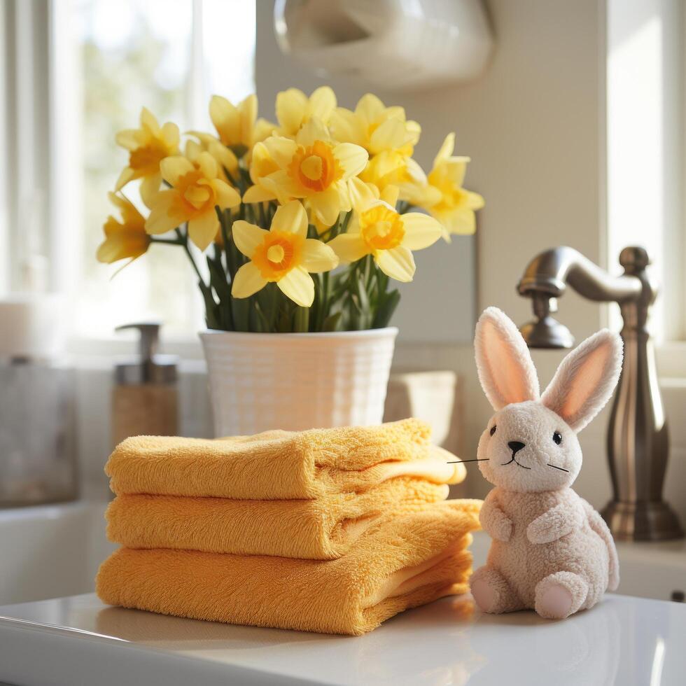 AI generated Easter-themed Towels, Bunny Figurines, and Potted Daffodils photo