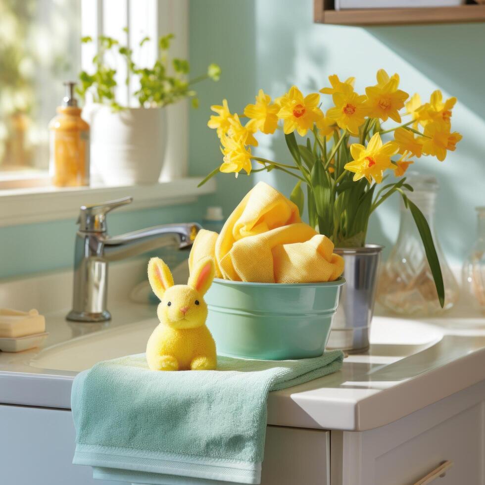 AI generated Easter-themed Towels, Bunny Figurines, and Potted Daffodils photo