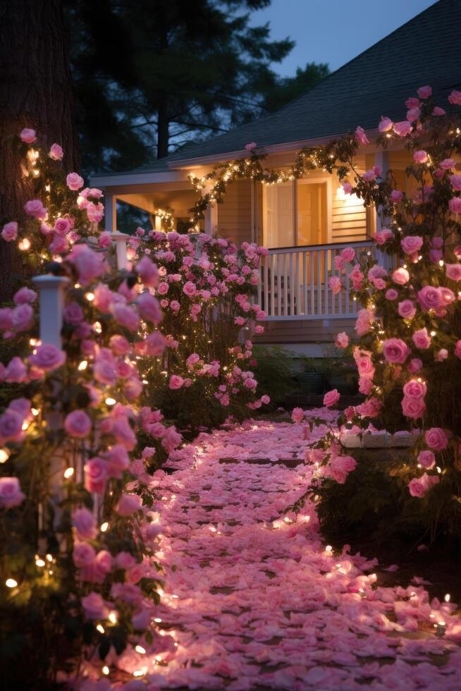 ai generado pétalo de rosa camino, centelleo luces, y sentimental amor notas foto