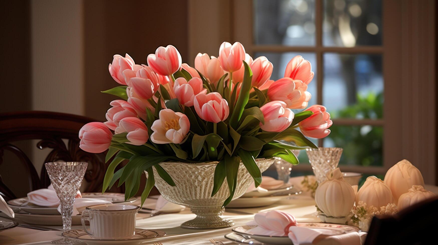 AI generated Tulips and Egg-filled Nest Adorn Elegant Dining Setting photo