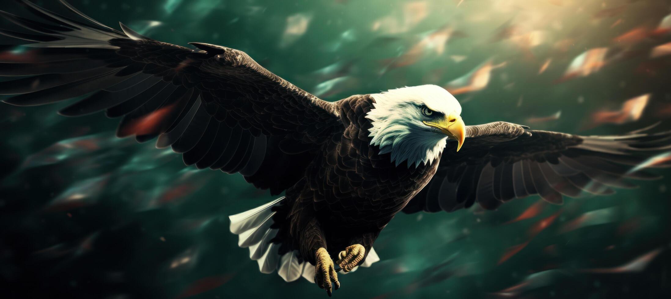 AI generated eagle soaring in an american flag photo