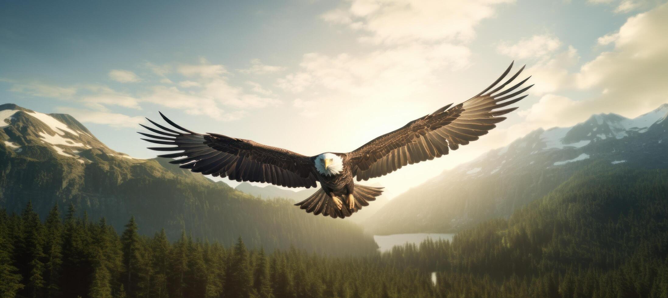 ai generado americano calvo águila volador con un bandera en el antecedentes foto