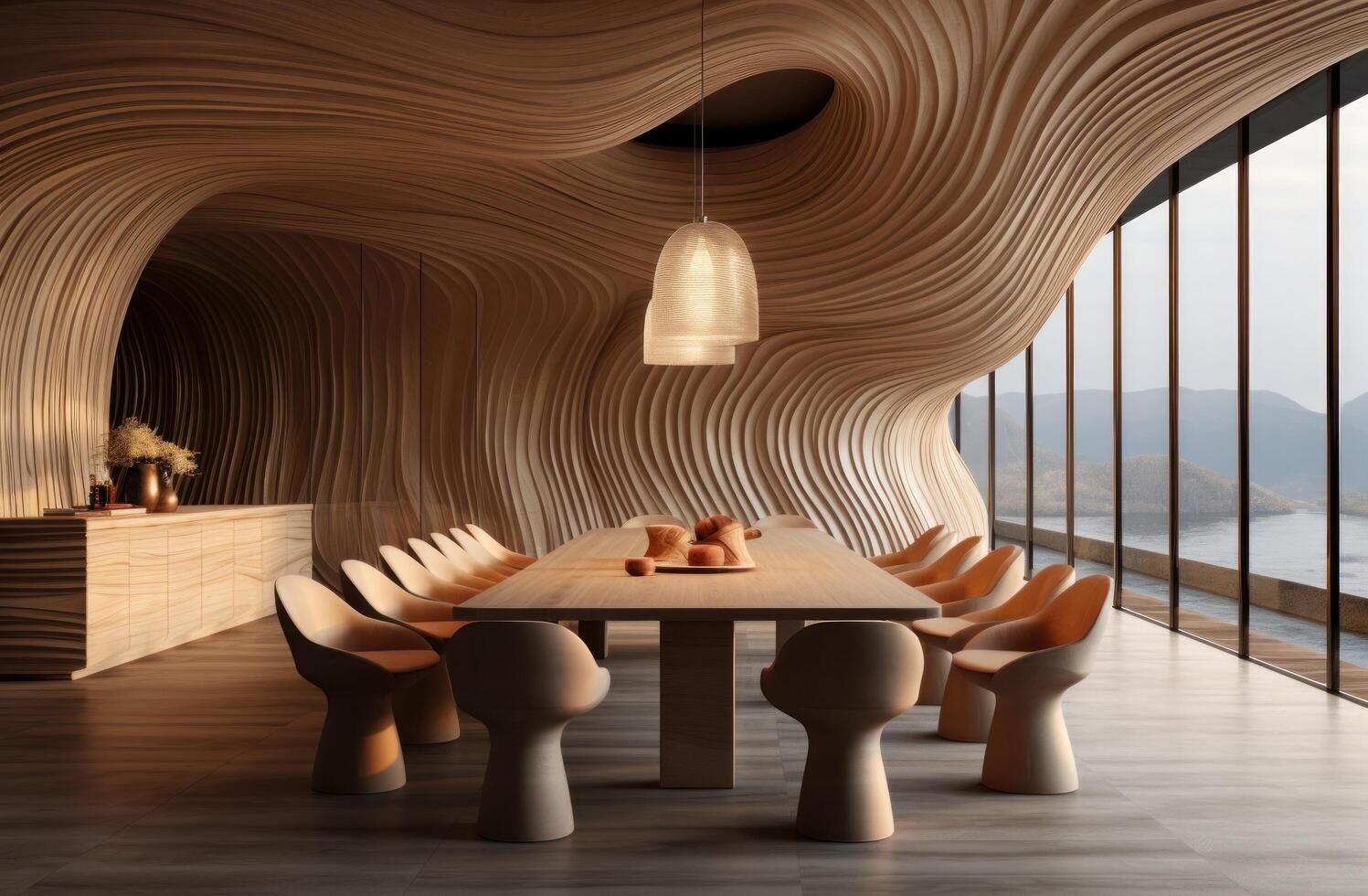 AI generated an arched wooden dining room with wooden walls and a dining table photo