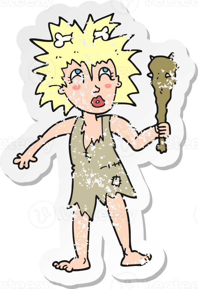 retro distressed sticker of a cartoon cave woman png