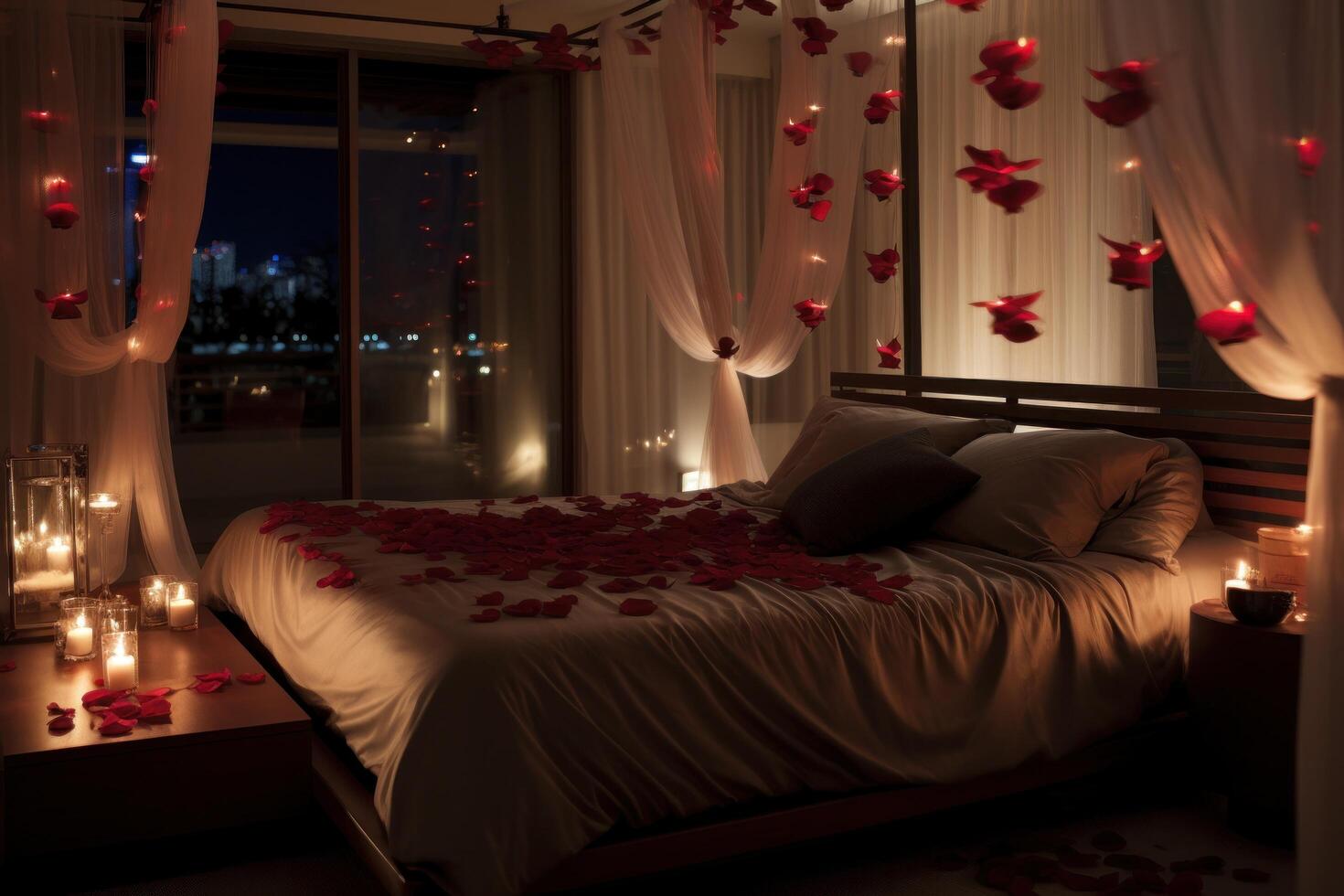 AI generated Red Satin Sheets, Rose Petals, and Twinkling String Lights. photo