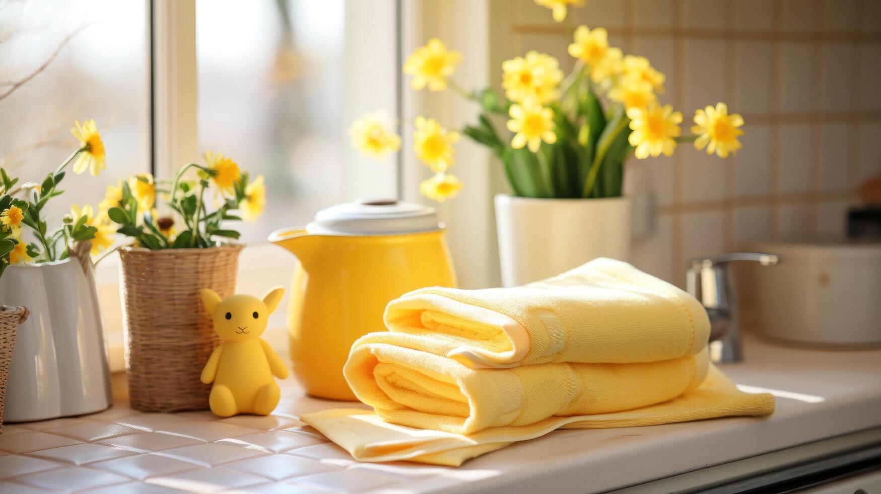 AI generated Easter-themed Towels, Bunny Figurines, and Potted Daffodils photo