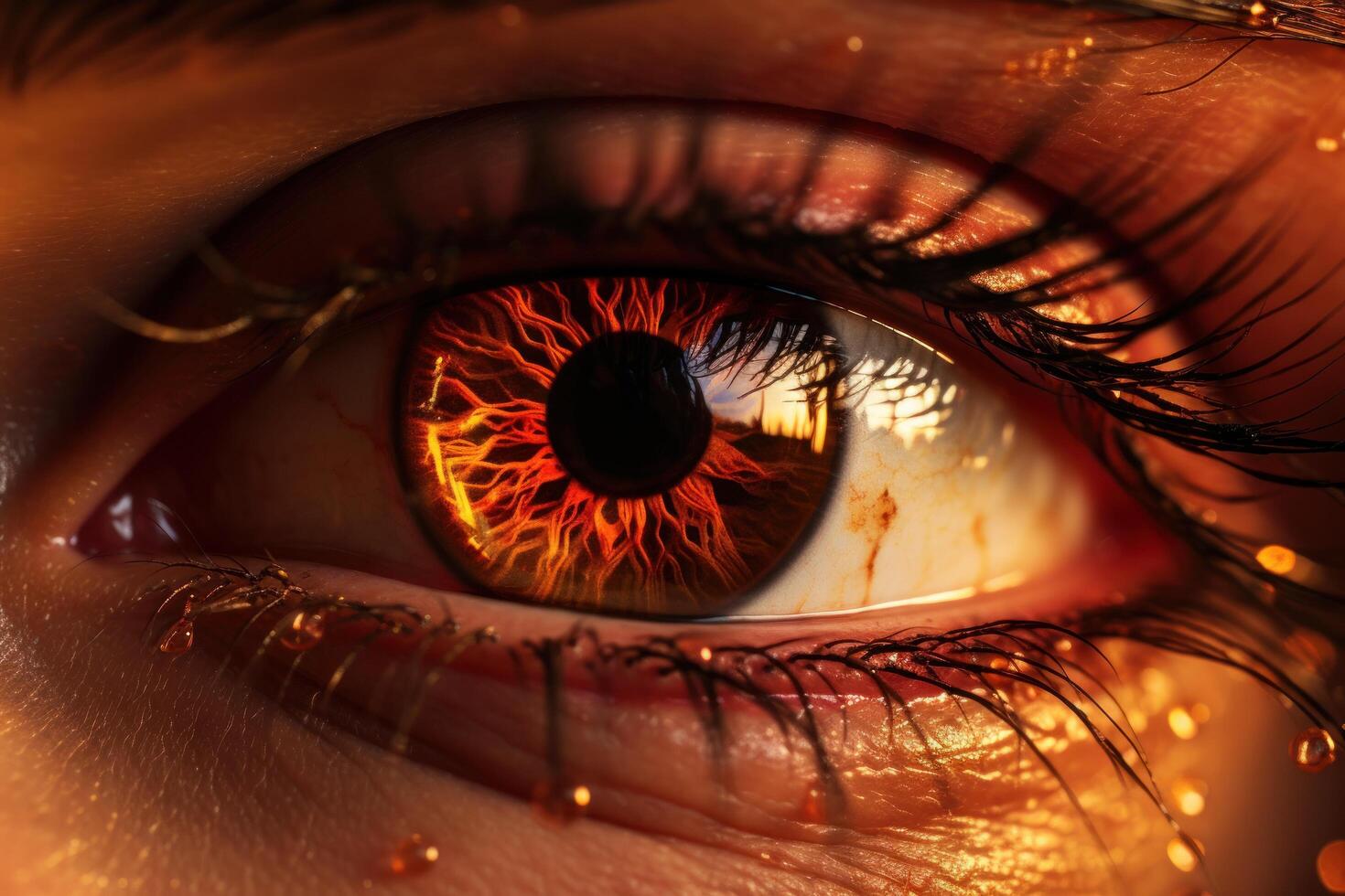 AI generated an image of woman's eye with the reflection of fire photo