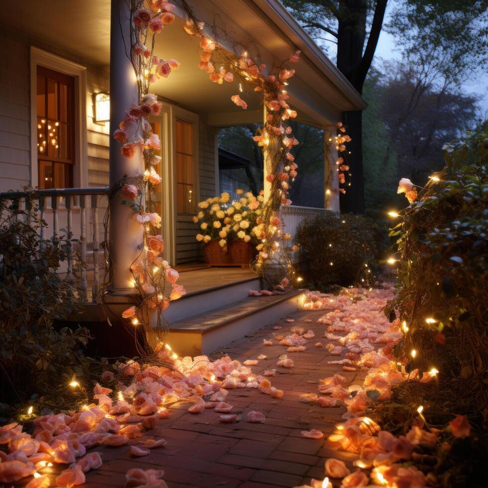 AI generated Rose-petal path, twinkling lights, and sentimental love notes photo