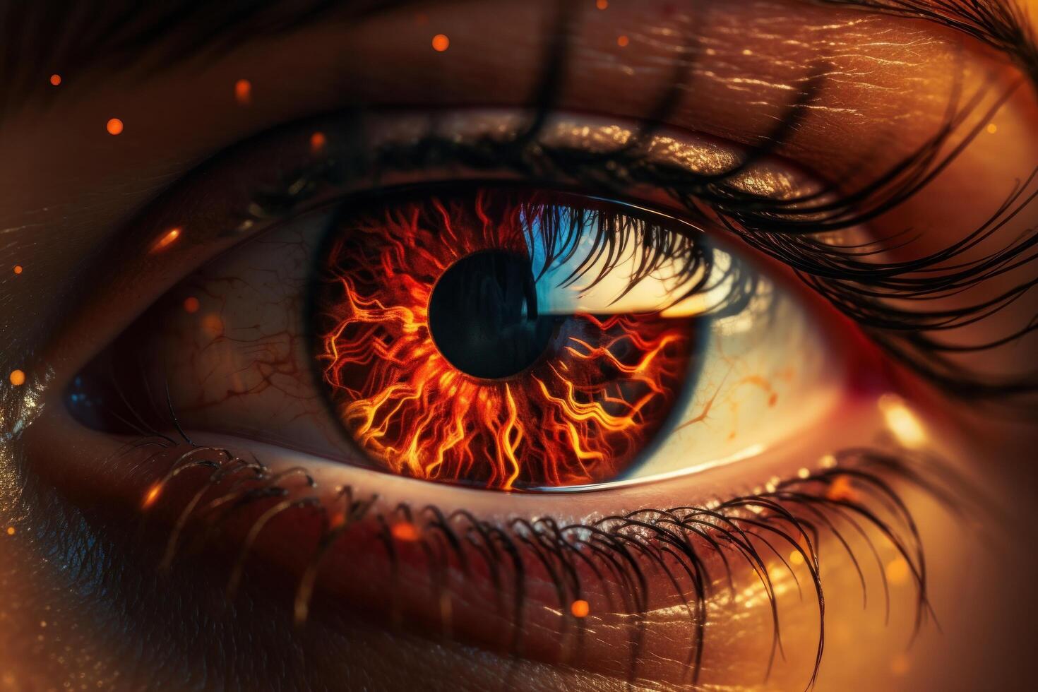 AI generated an image of woman's eye with the reflection of fire photo