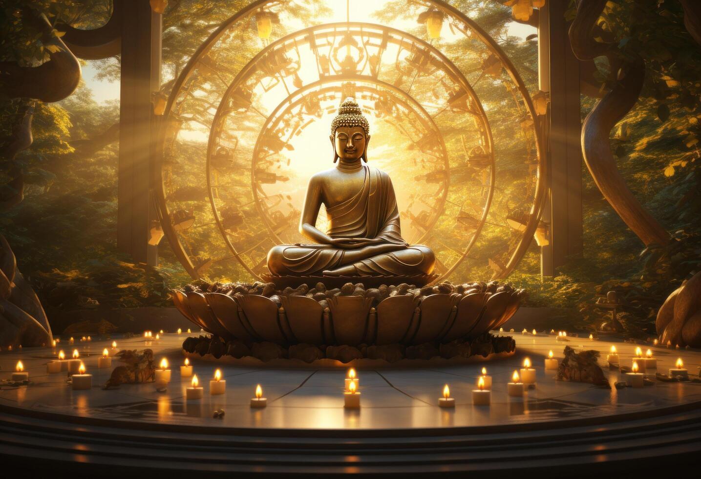 ai generado Buda sentado en un dorado marco foto