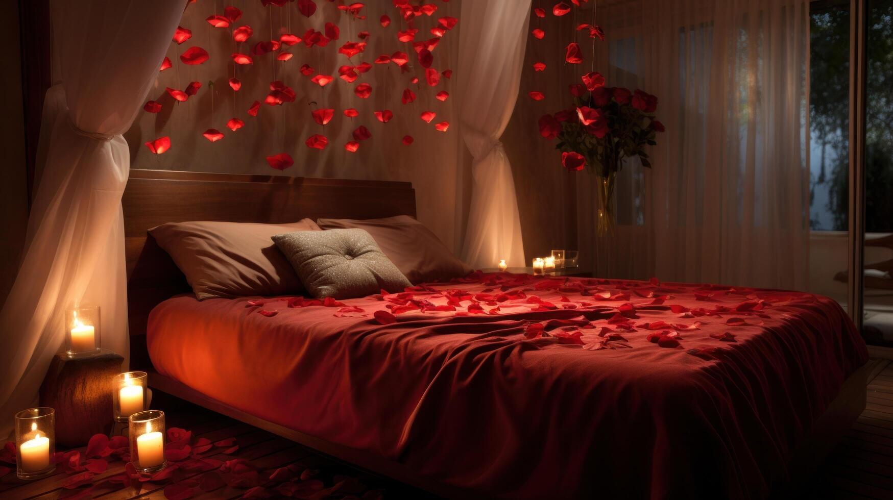 AI generated Red Satin Sheets, Rose Petals, and Twinkling String Lights. photo