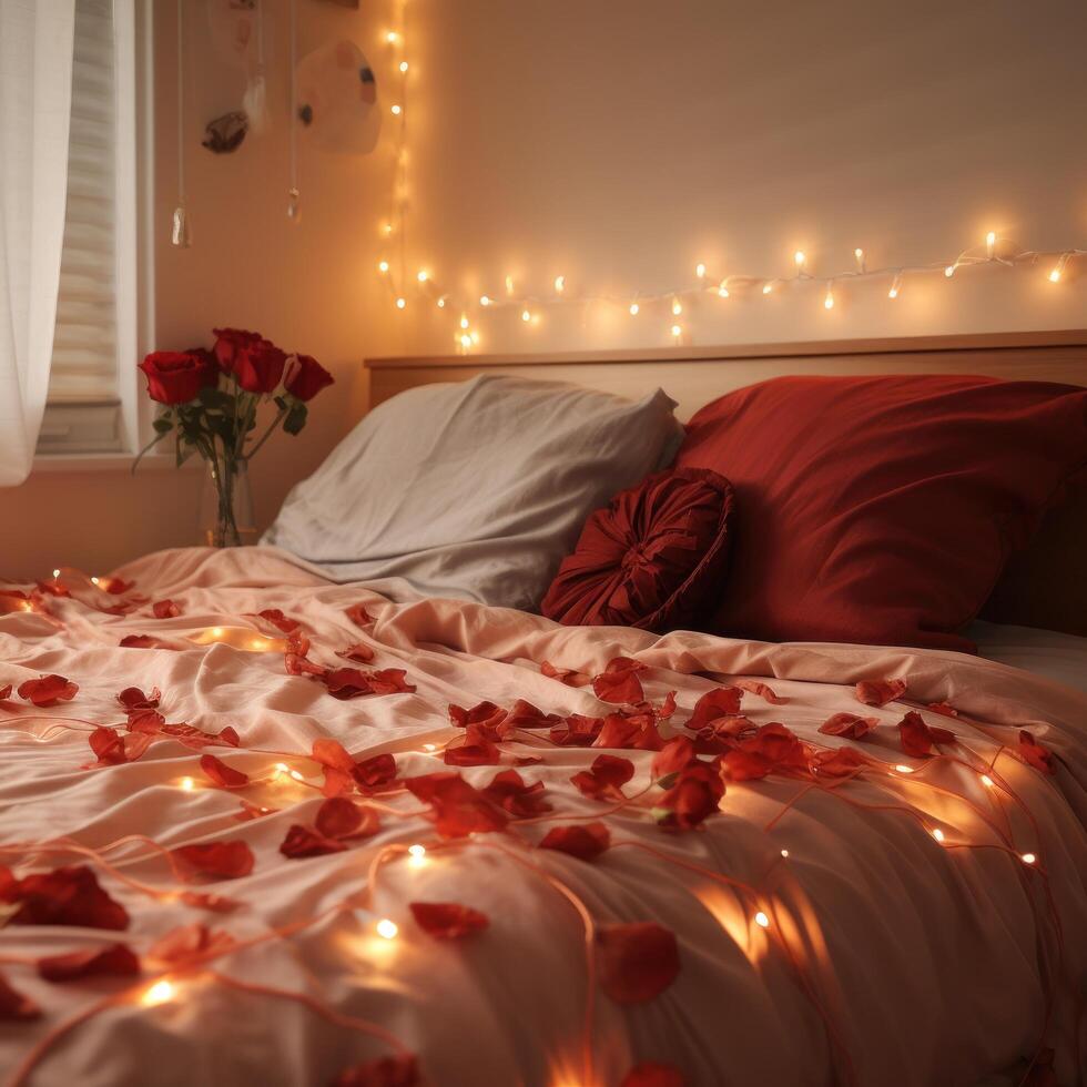 AI generated Red Satin Sheets, Rose Petals, and Twinkling String Lights. photo