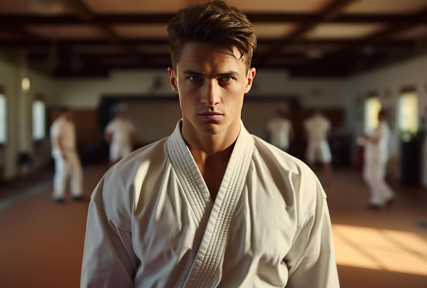 AI generated karate instructor training video of a young man training in martial art photo