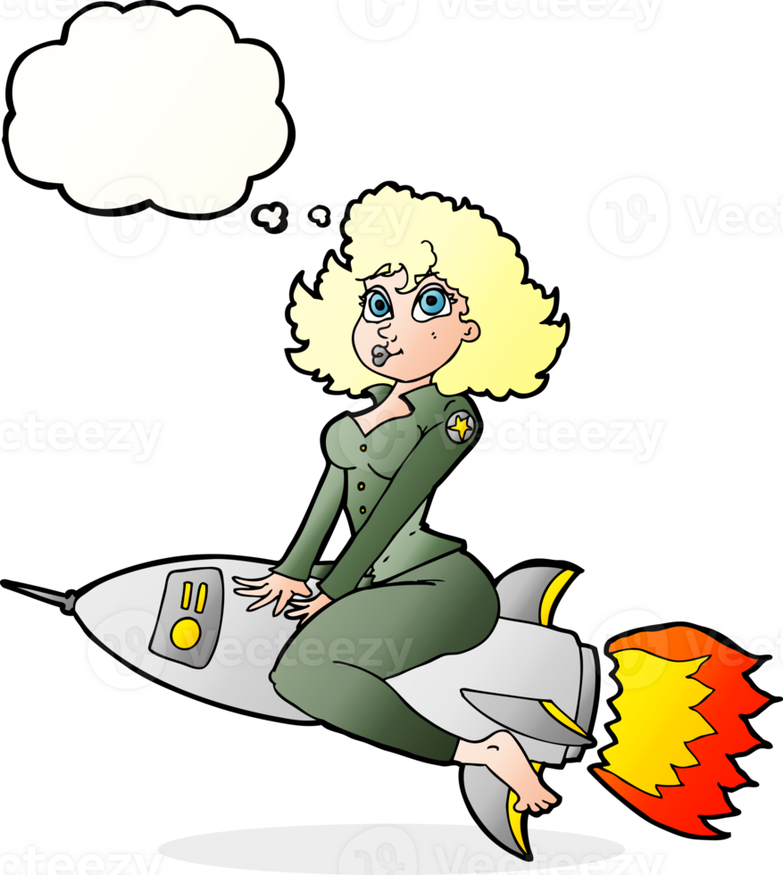 cartoon army pin up girl riding missile with thought bubble png