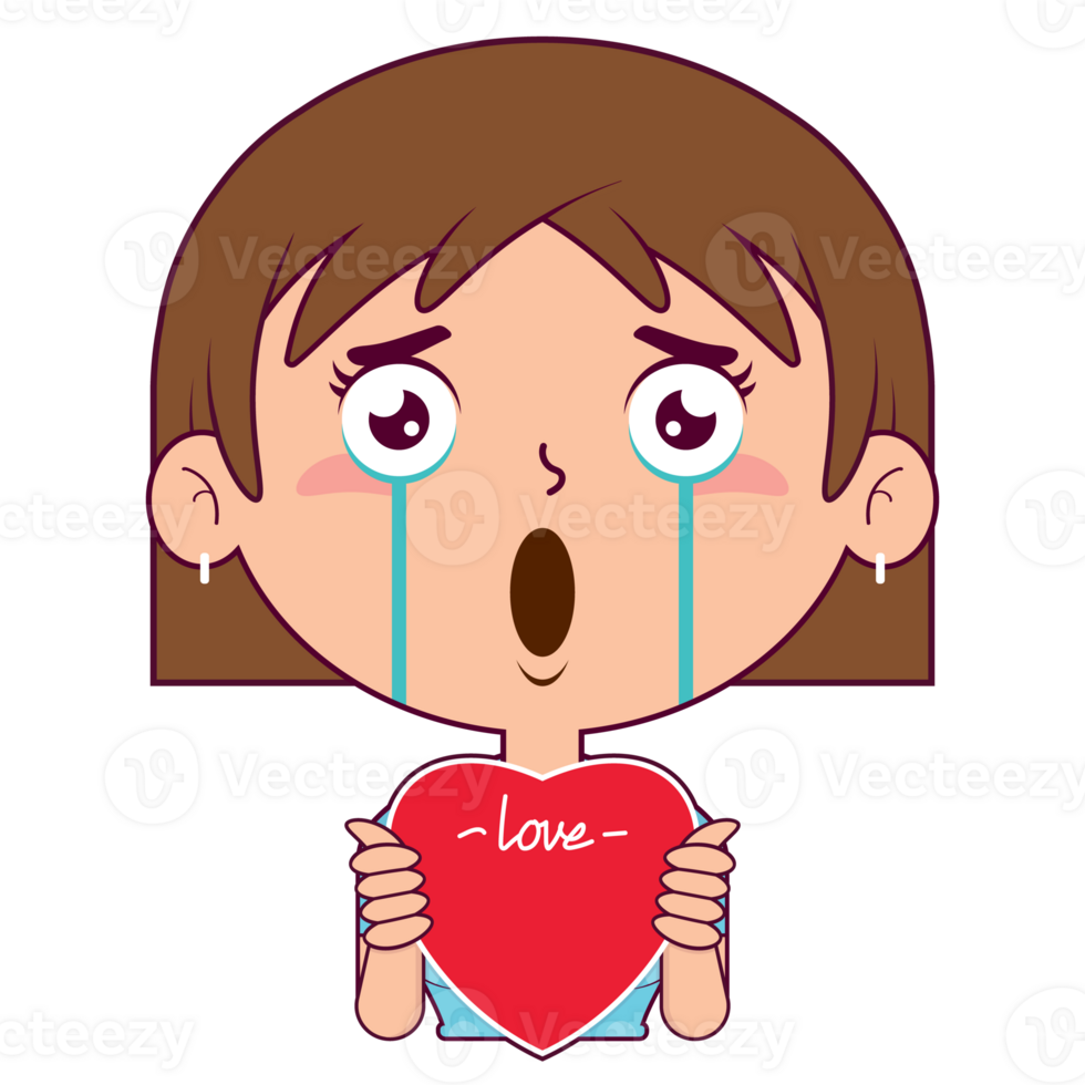girl holding heart crying and scared face cartoon cute png