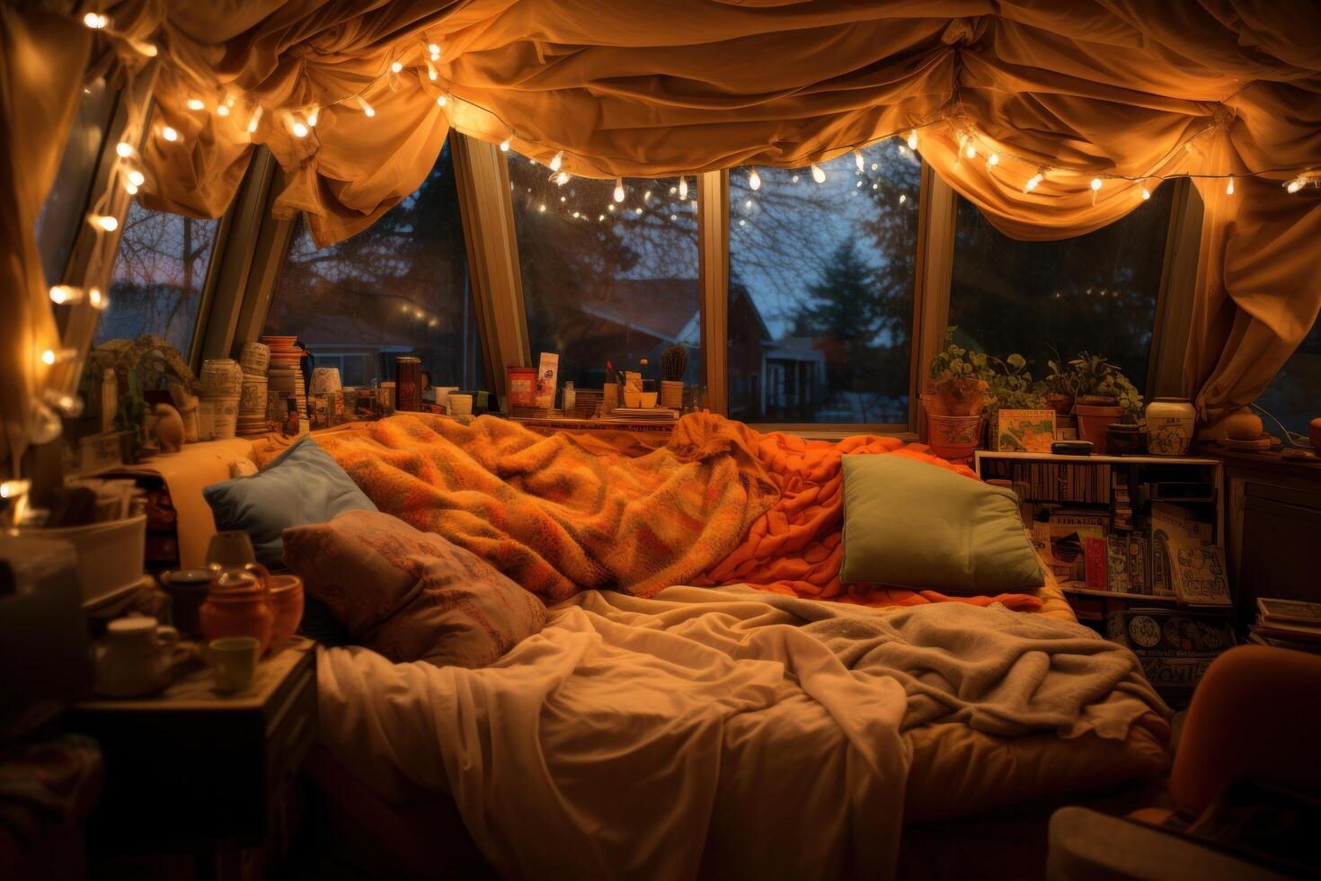 AI generated Cozy blanket fort, fairy lights, and shared laughter photo