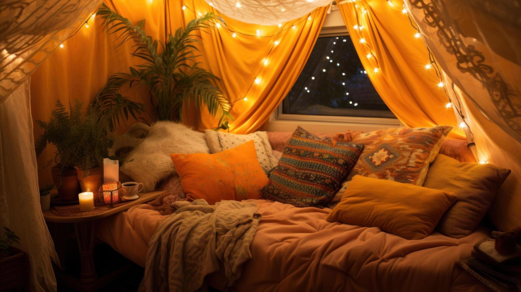 AI generated Cozy blanket fort, fairy lights, and shared laughter photo