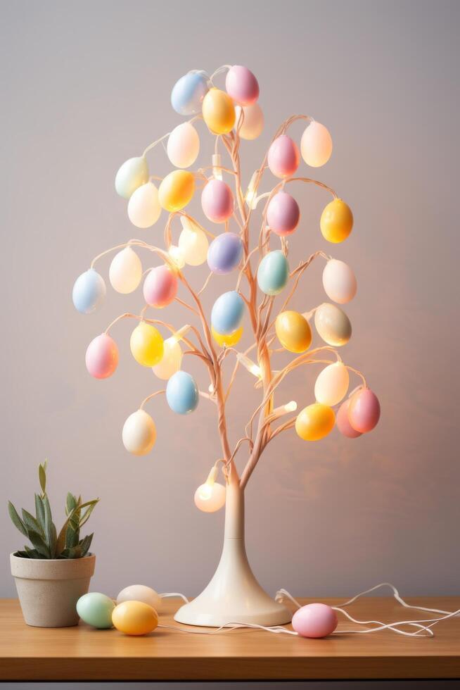 AI generated Minimalist Easter Egg Tree Illuminated by Soft Pastel String Lights photo