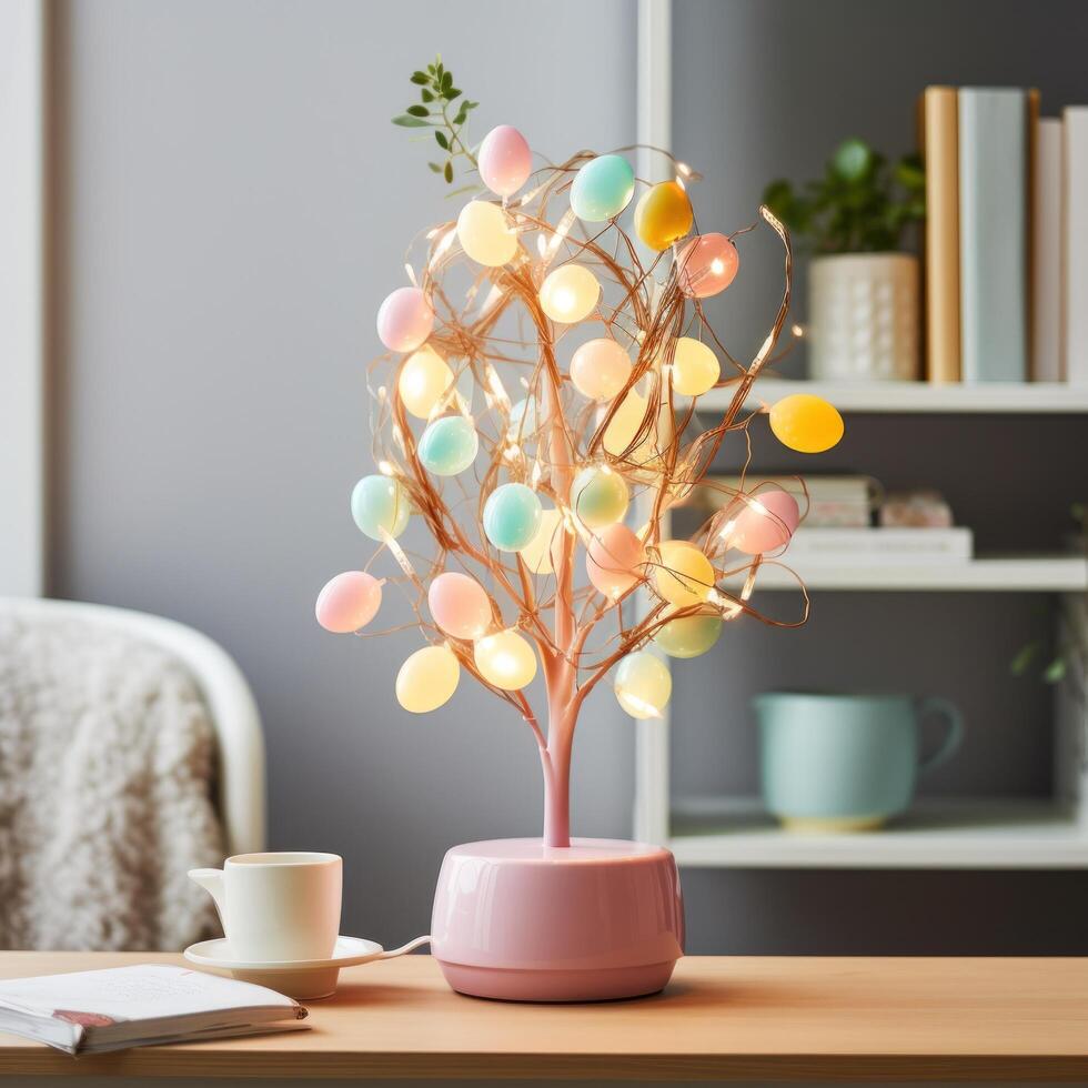 AI generated Minimalist Easter Egg Tree Illuminated by Soft Pastel String Lights photo