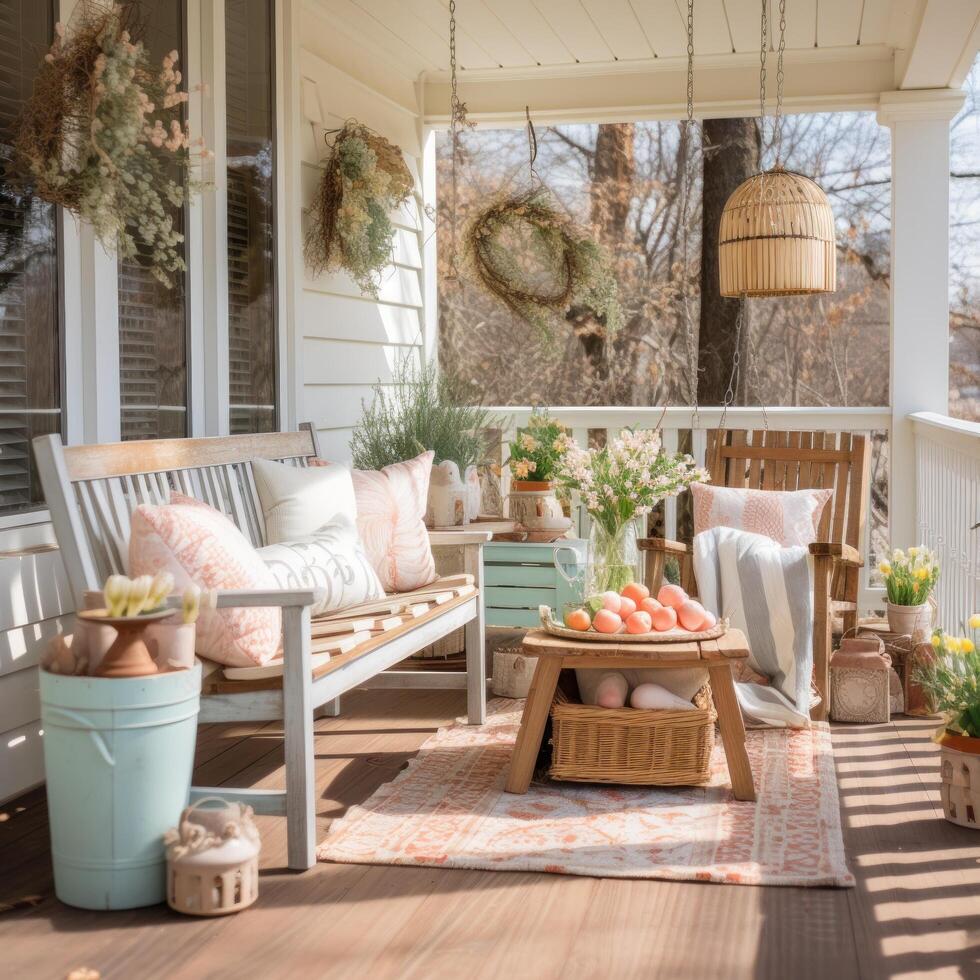 AI generated Quaint Country Porch Decorated with Hand-Painted Wooden Easter Signs photo