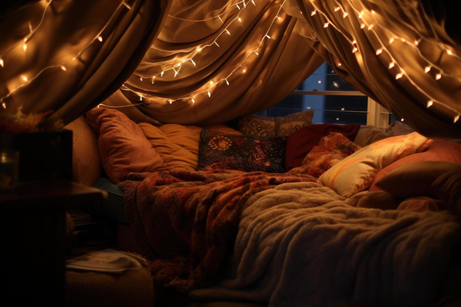 AI generated Cozy blanket fort, fairy lights, and shared laughter photo