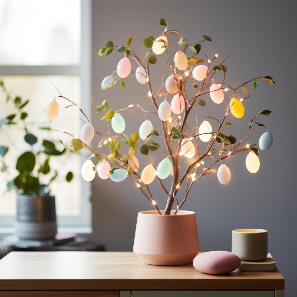 AI generated Minimalist Easter Egg Tree Illuminated by Soft Pastel String Lights photo