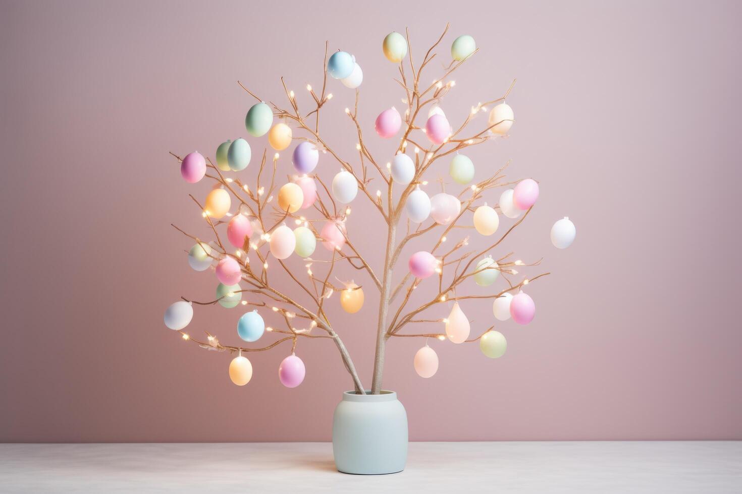 AI generated Minimalist Easter Egg Tree Illuminated by Soft Pastel String Lights photo