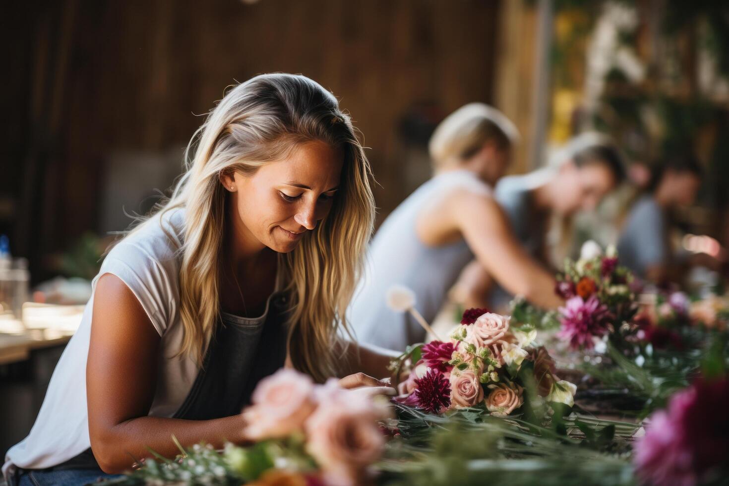 AI generated A hands-on home decor scene where individuals are engaged in creating their own floral wreaths photo