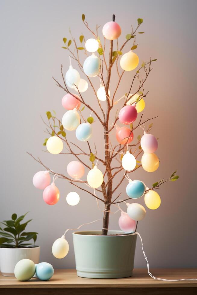 AI generated Minimalist Easter Egg Tree Illuminated by Soft Pastel String Lights photo