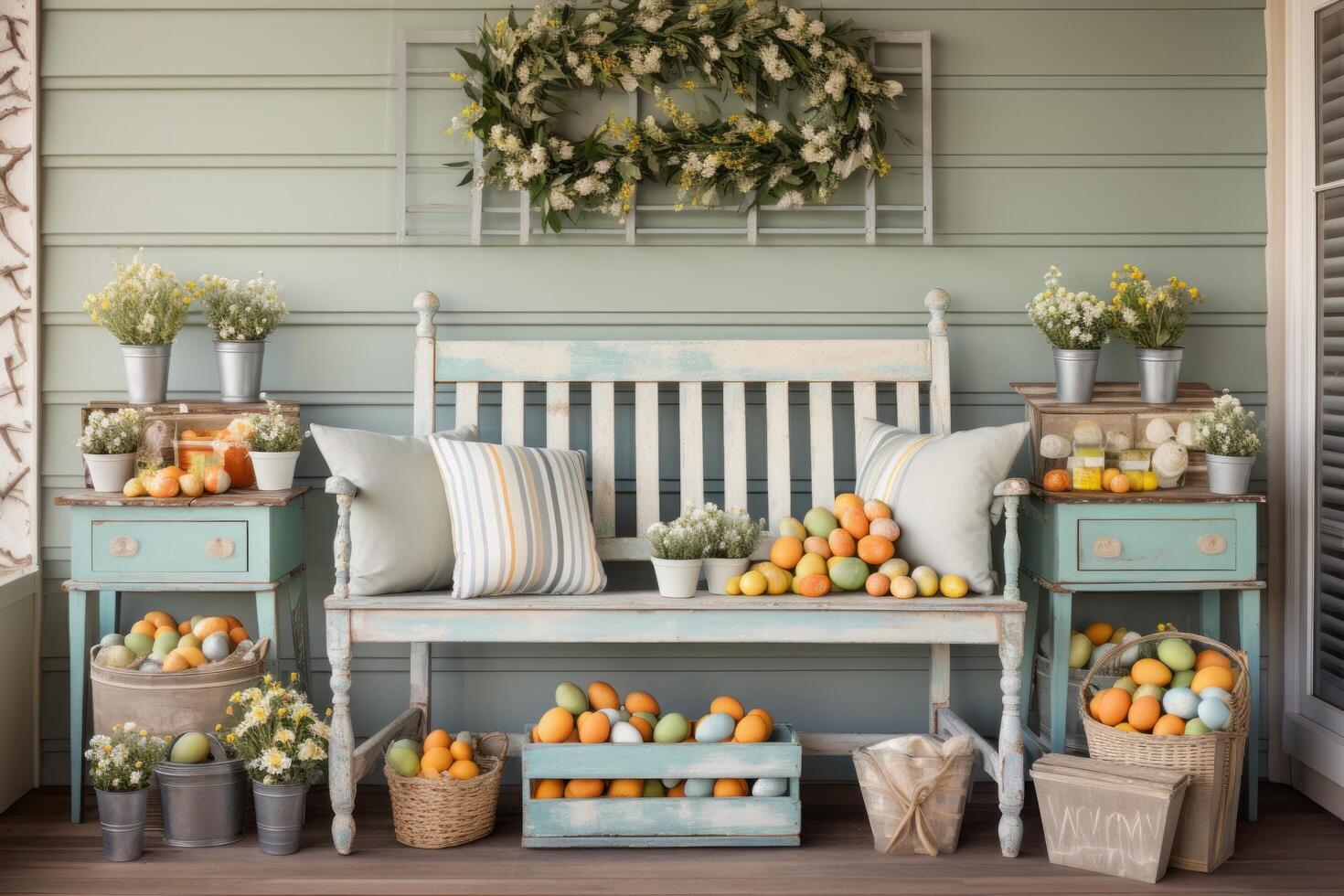 AI generated Quaint Country Porch Decorated with Hand-Painted Wooden Easter Signs photo