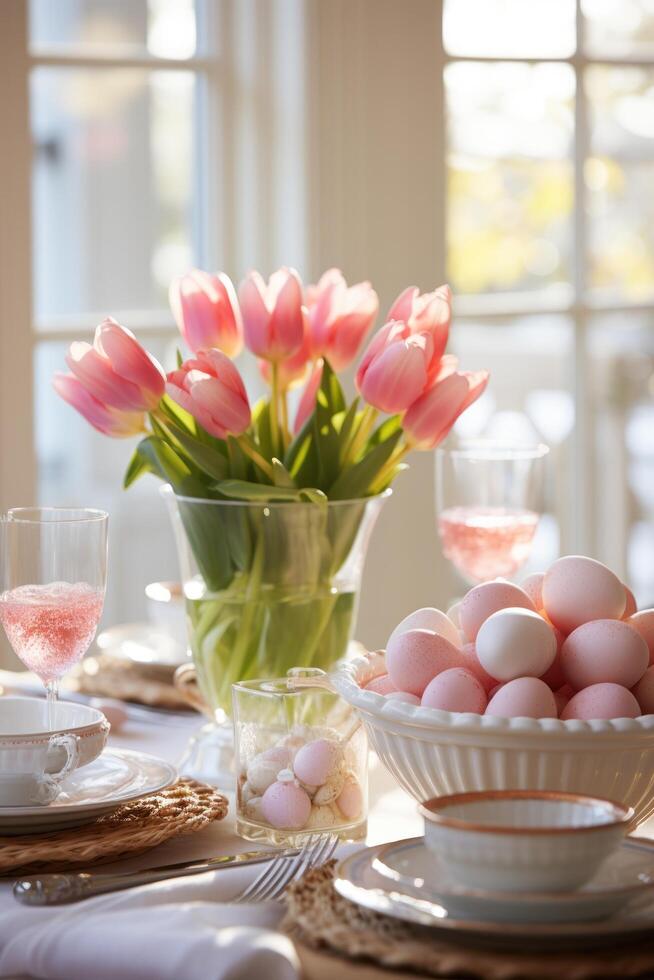 AI generated Tulips and Egg-filled Nest Adorn Elegant Dining Setting photo