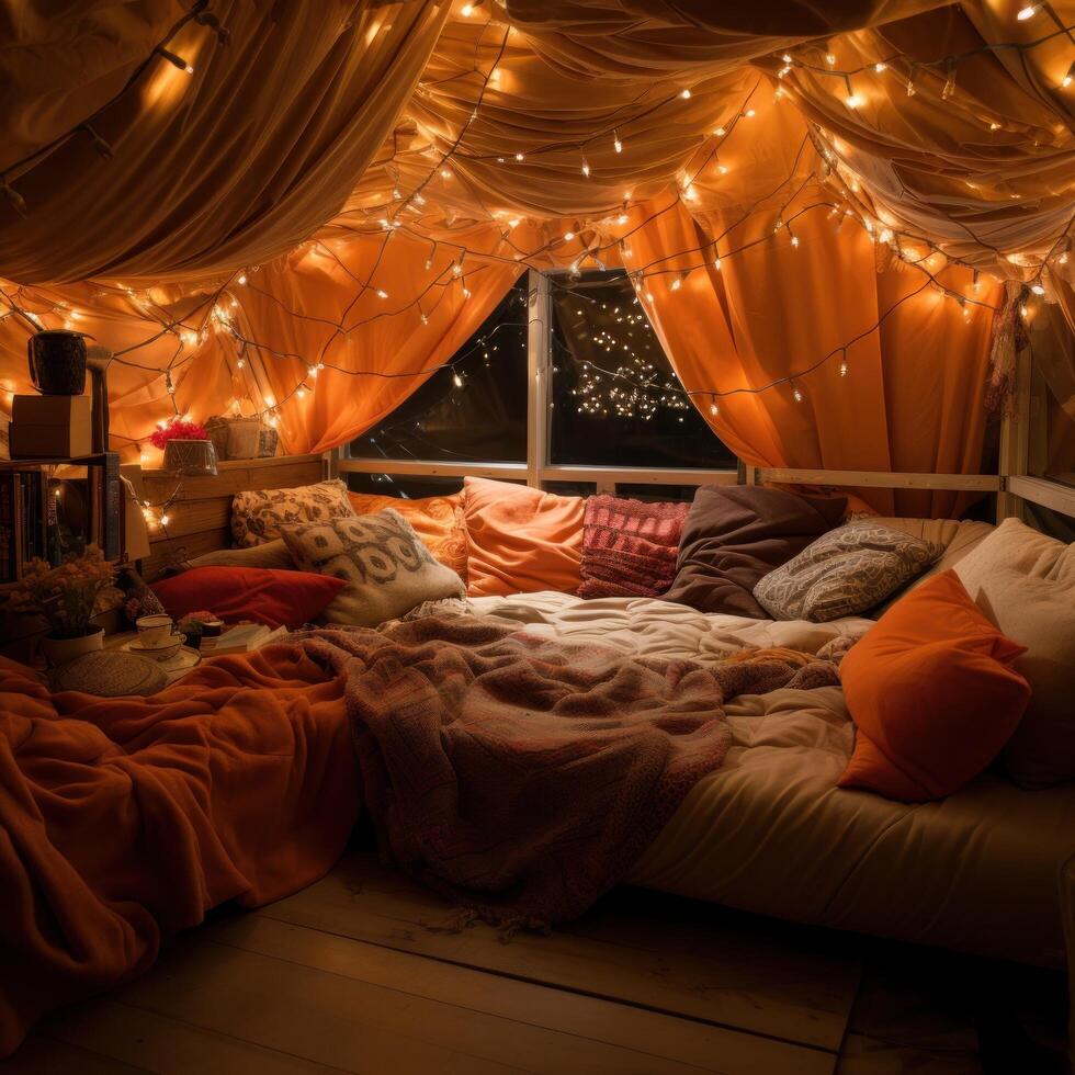 AI generated Cozy blanket fort, fairy lights, and shared laughter photo