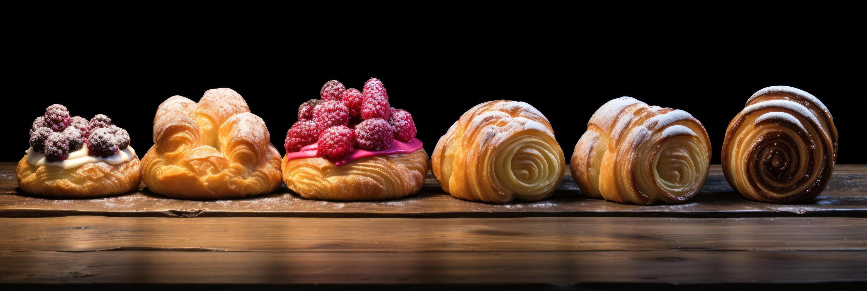 AI generated some different kinds of pastries lined up on a table photo