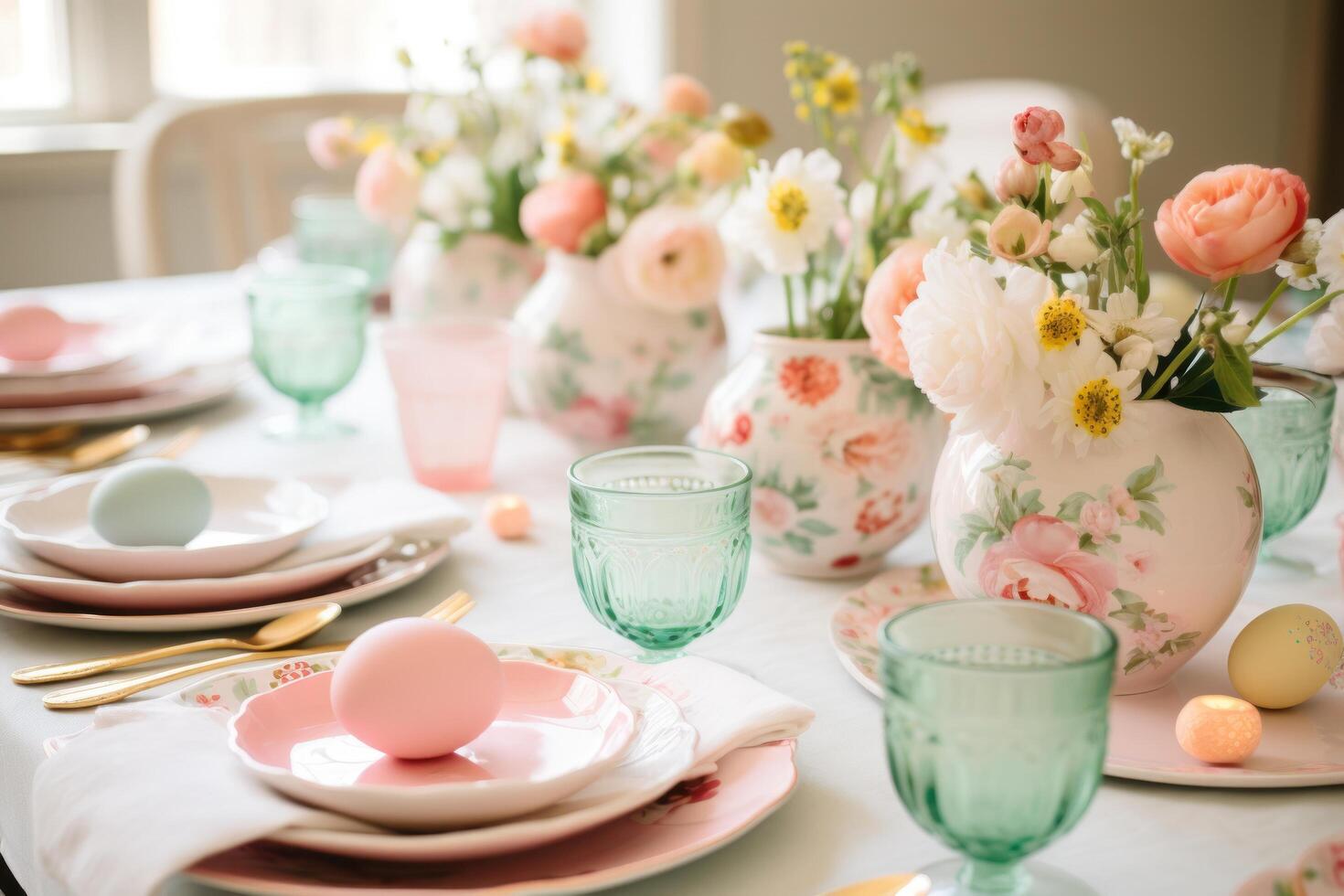 AI generated Charming Egg Cups, Floral Plates, and Pastel Napkins photo