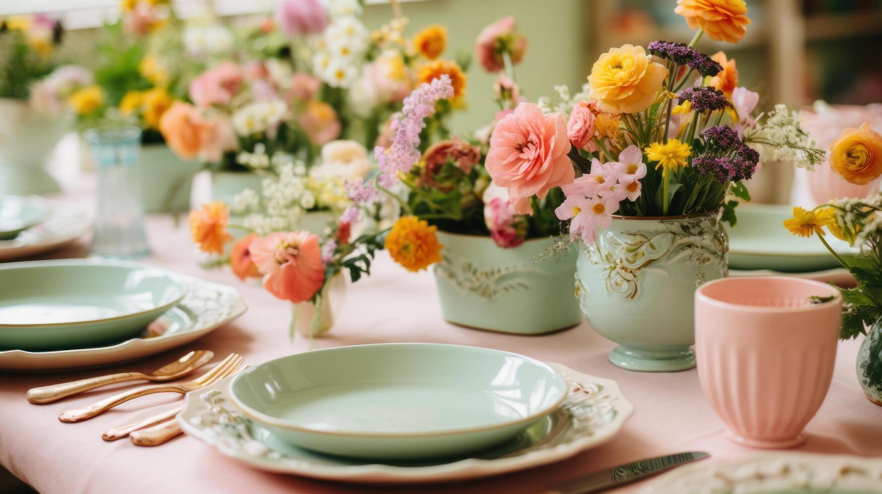 AI generated Charming Egg Cups, Floral Plates, and Pastel Napkins photo