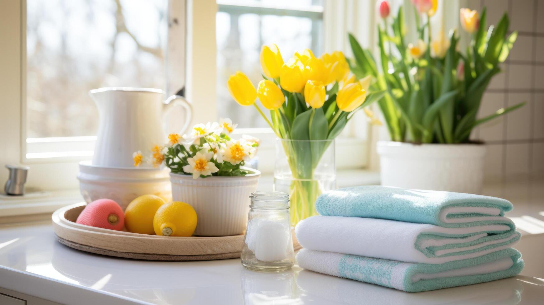 AI generated Easter-themed Towels and Fresh Flower Arrangements photo