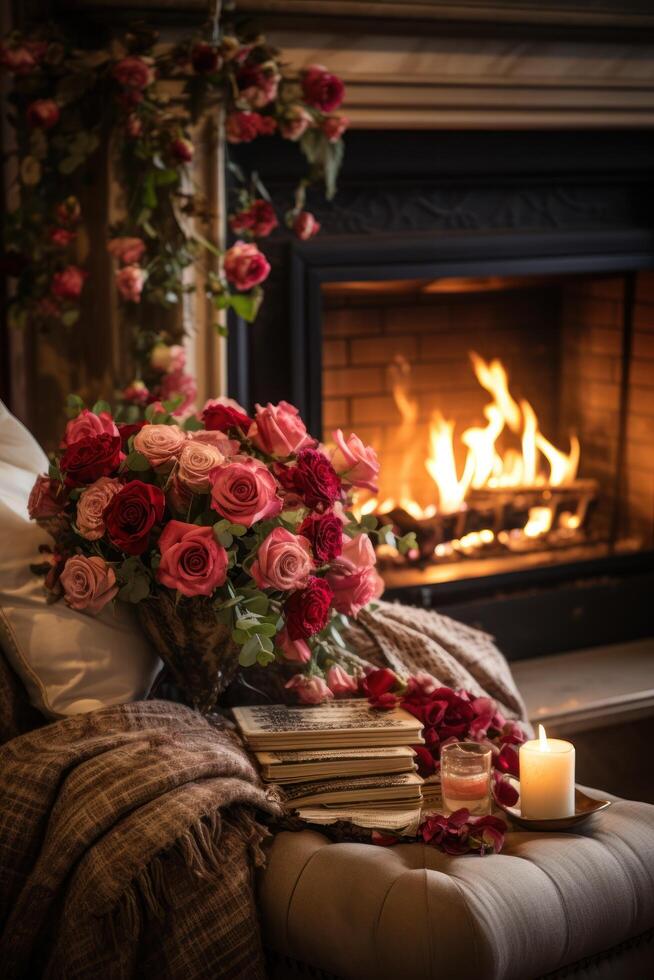 AI generated Fireplace adorned with roses, candles, and cozy throws photo
