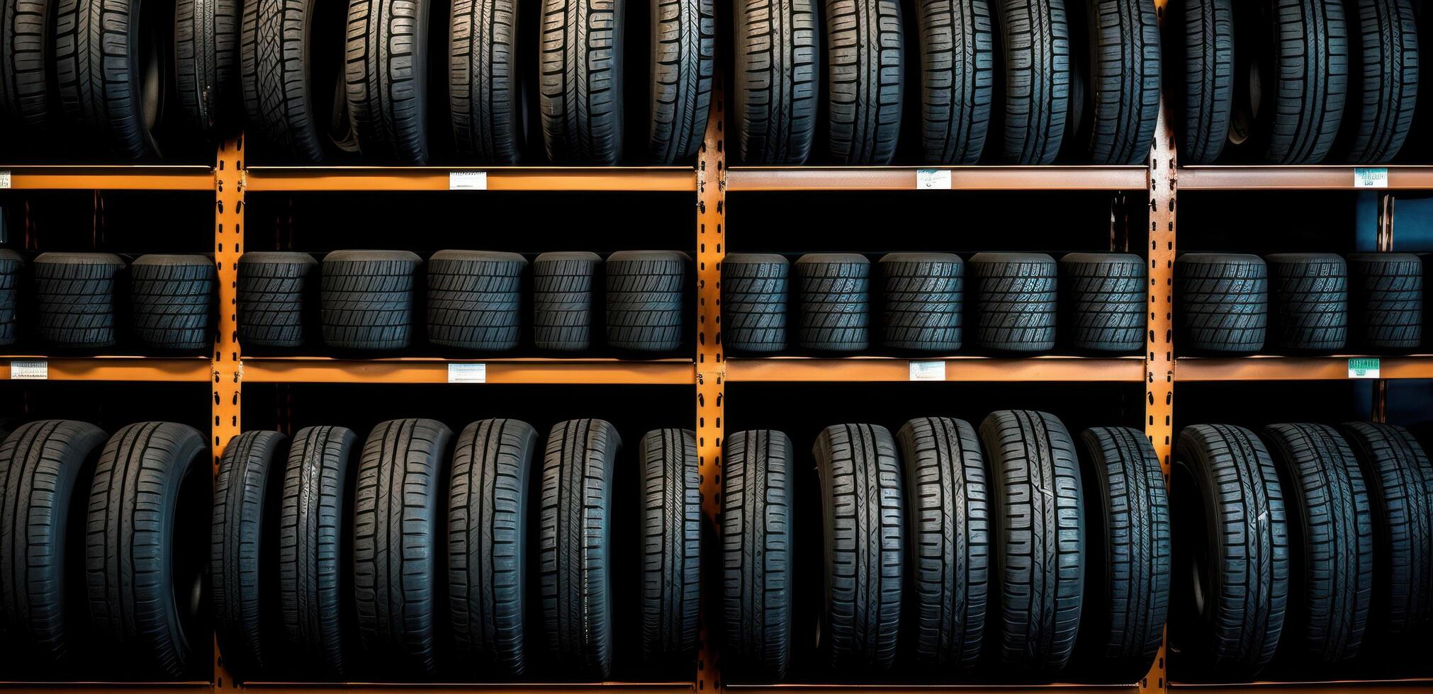 AI generated tires on a wooden shelf near rack photo