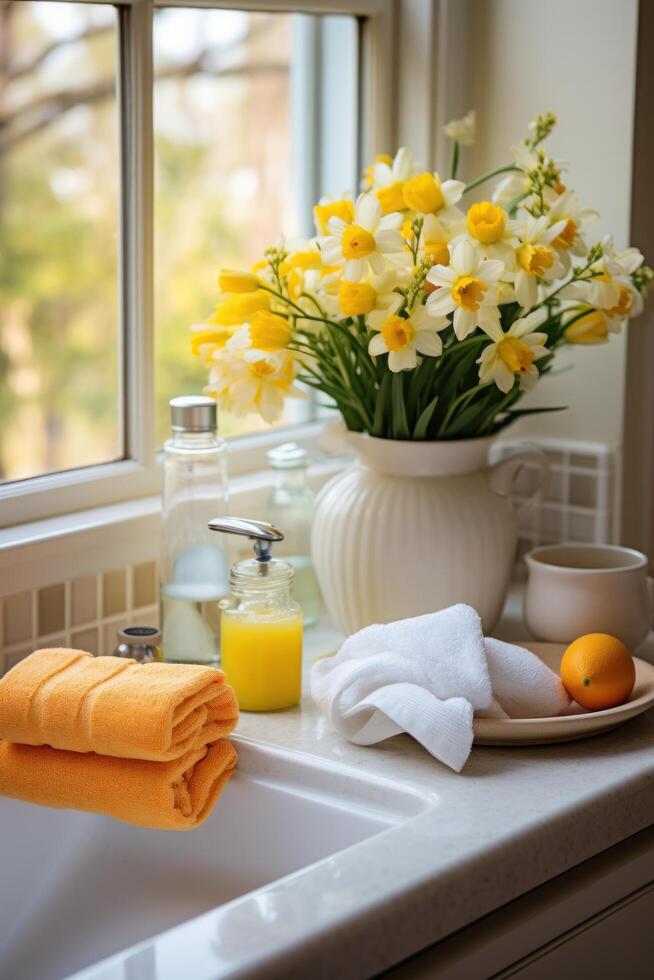 AI generated Easter-themed Towels and Fresh Flower Arrangements photo