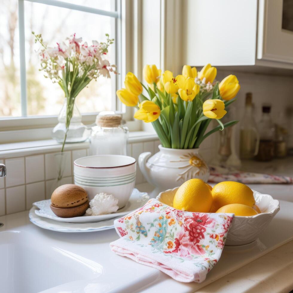 AI generated Easter-themed Towels and Fresh Flower Arrangements photo
