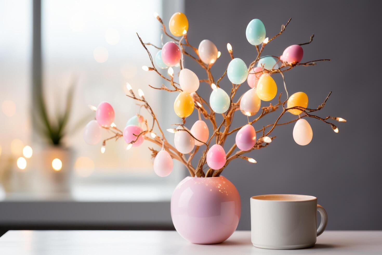 AI generated Minimalist Easter Egg Tree Illuminated by Soft Pastel String Lights photo