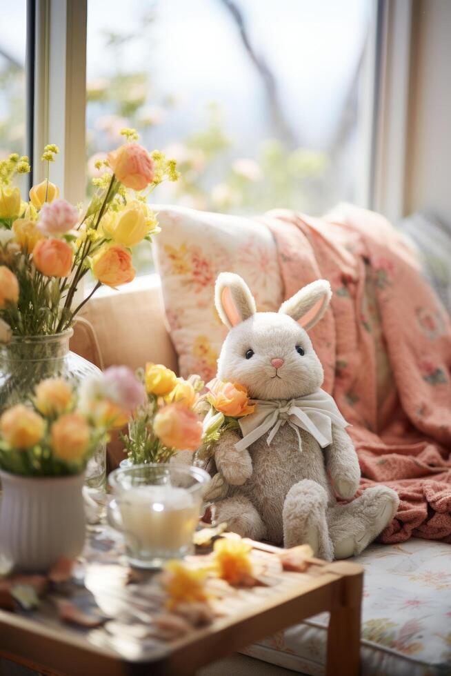 AI generated Plush Bunny Pillows and Spring-themed Throws Adorn Sofa photo