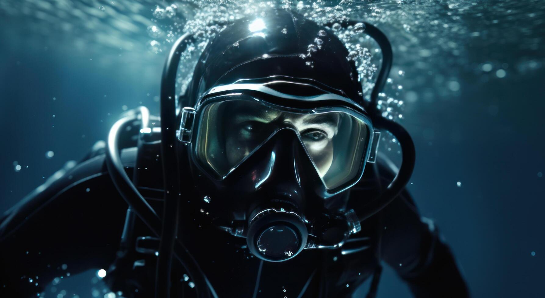 AI generated scuba diver in a body suit swimming underwater photo