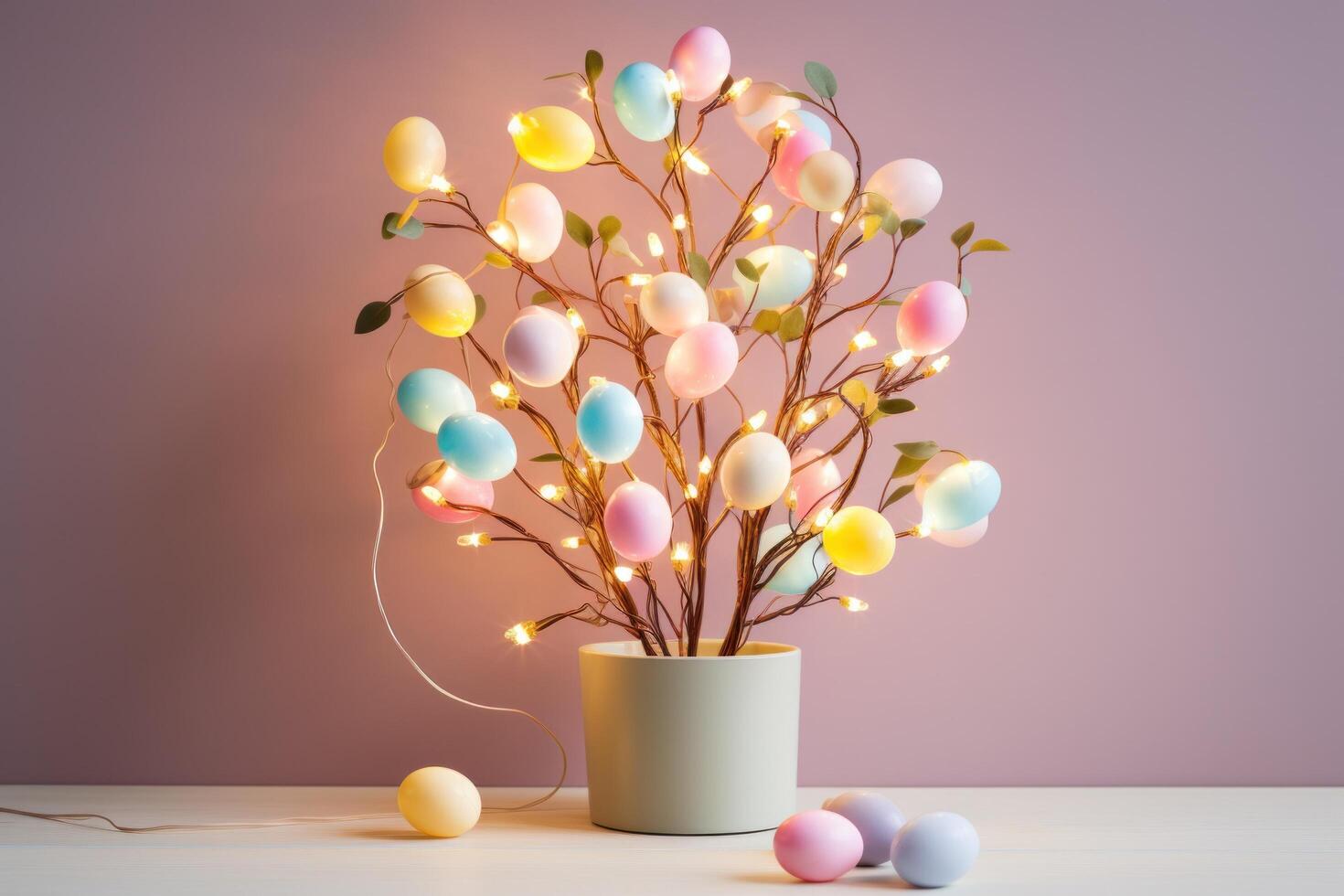 AI generated Minimalist Easter Egg Tree Illuminated by Soft Pastel String Lights photo