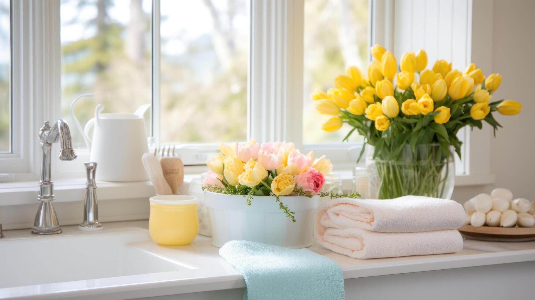 AI generated Easter-themed Towels and Fresh Flower Arrangements photo