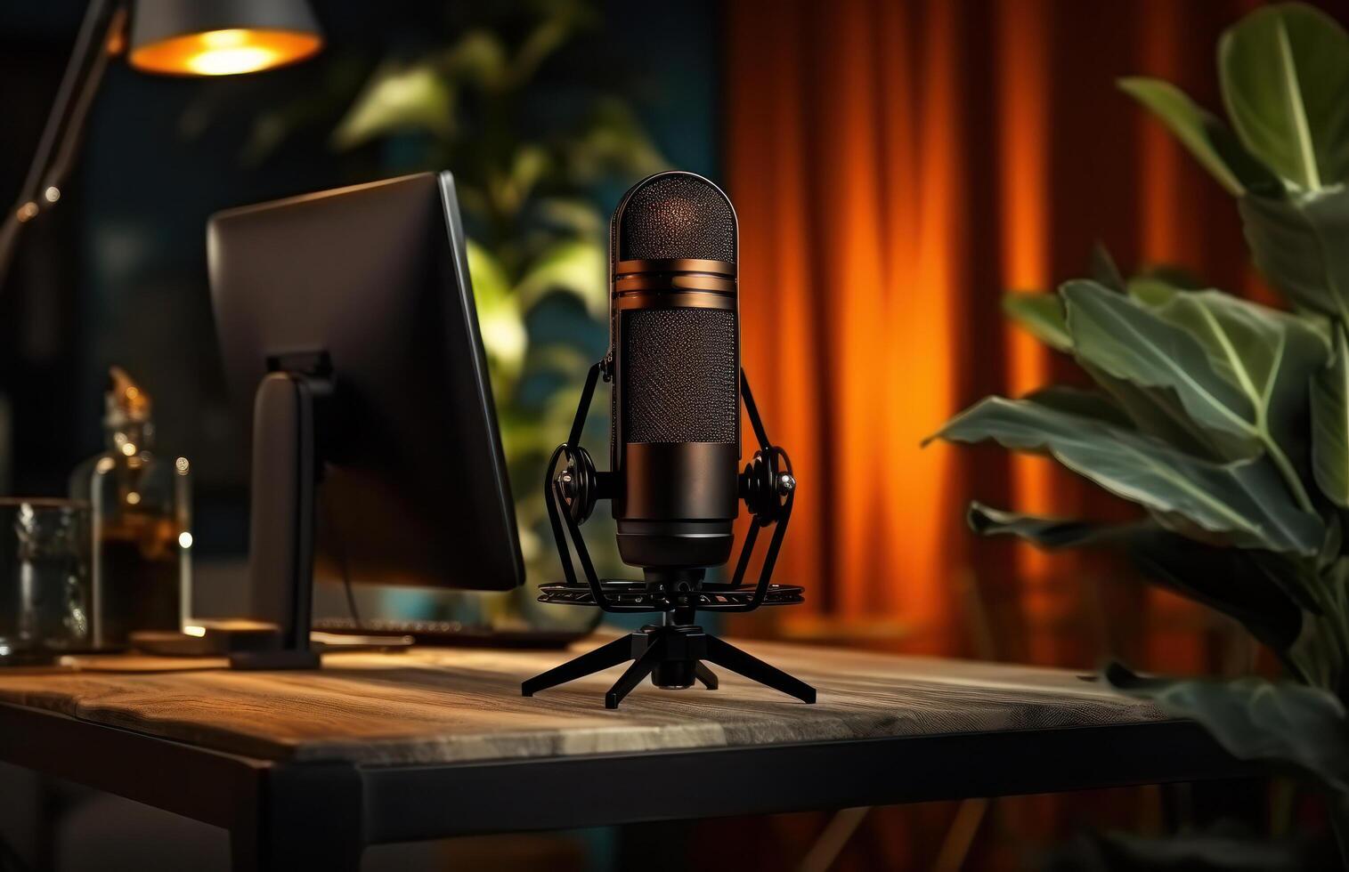 ai generado con un micrófono en un escritorio en el oficina, nosotros lata crear un podcast desde grabación mensajes de voz foto