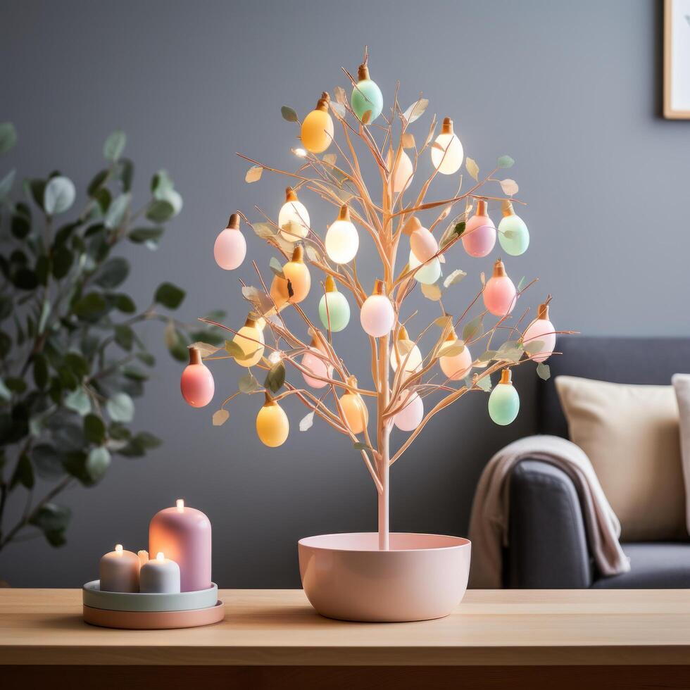 AI generated Minimalist Easter Egg Tree Illuminated by Soft Pastel String Lights photo